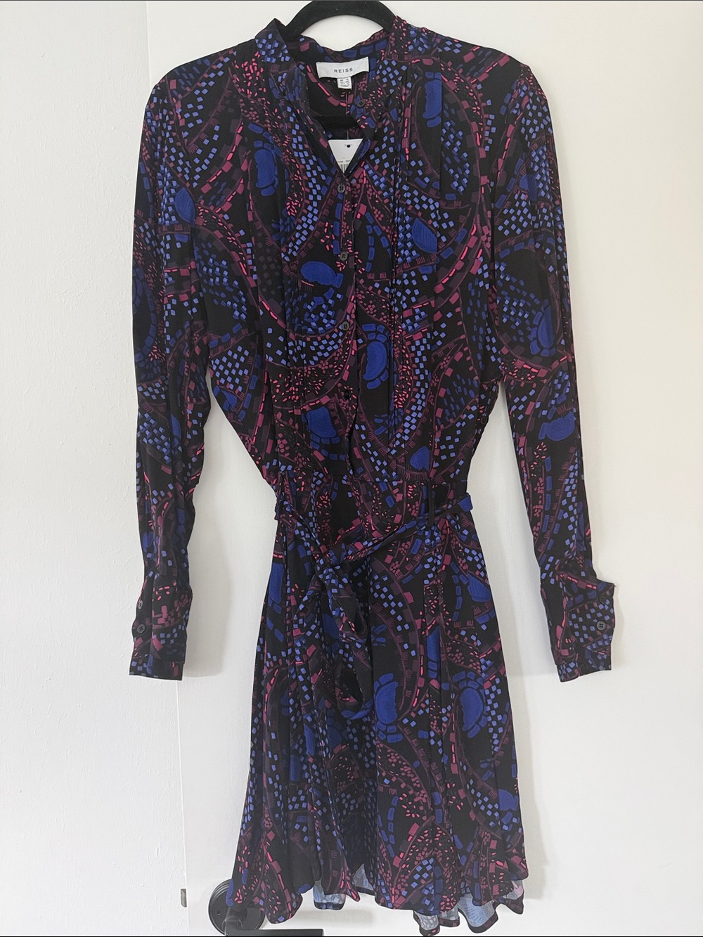Reiss Long-Sleeve Tie-Waist Dress in Black with Blue & Pink Print